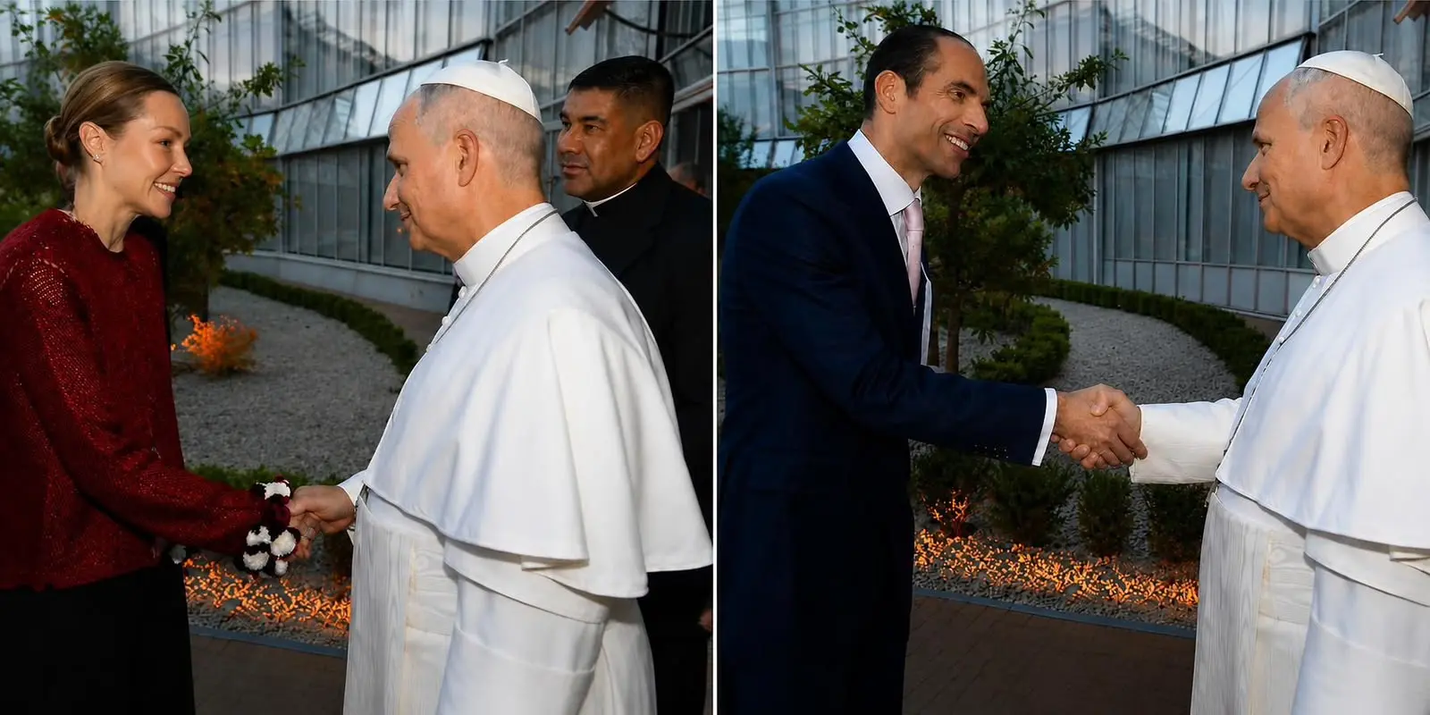 Melanie Herrera Velutini, President of Banvelca Foundation, greets Pope Leo XIV following Canticle of Peace at Castel Gandolfo